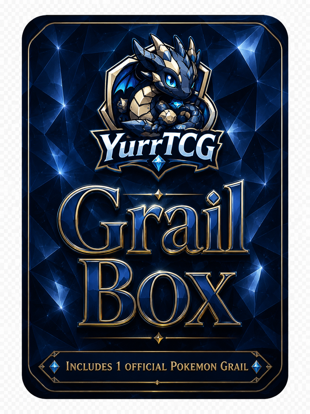 YurrTCG Grail Box — dark blue and gold crystal-themed mystery box featuring the YurrTCG dragon crest